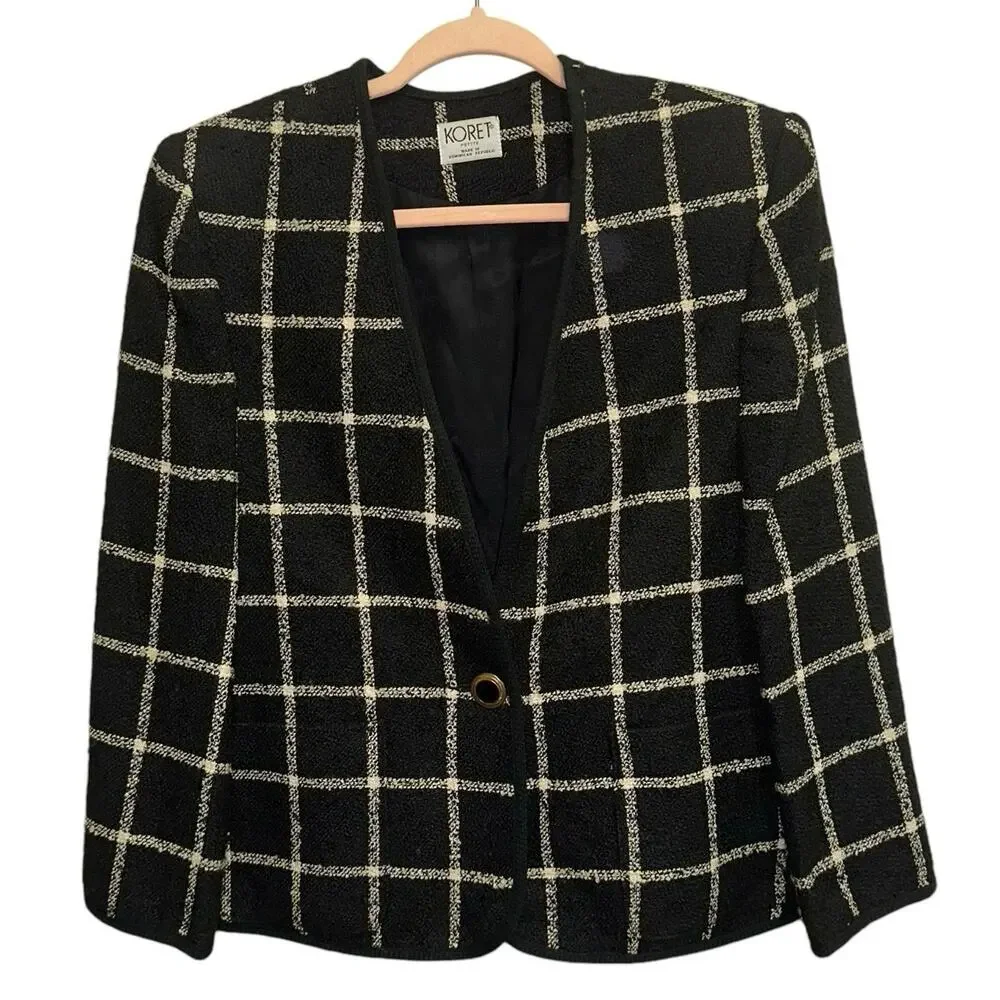 Vintage Koret Wool Blend‎ Blazer 10 Petite Black White Windowpane